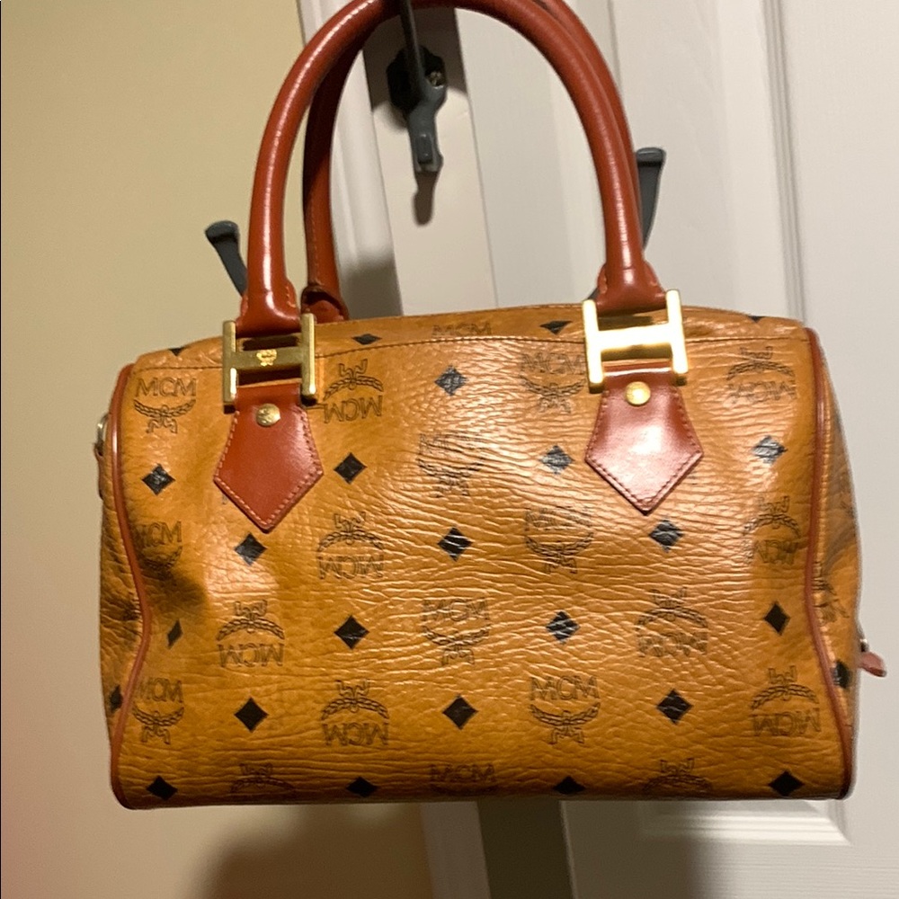 MCM Tan and Brown Satchel with Iconic Monogram and Leather Trim - Picture 1 of 10